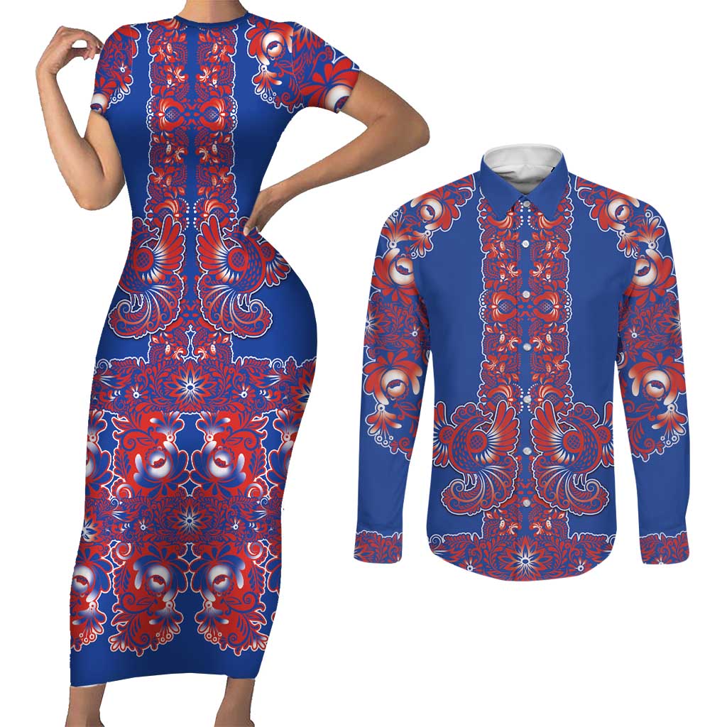 Blue Russian National Costume Couples Matching Short Sleeve Bodycon Dress and Long Sleeve Button Shirt Rooster Motifs Traditional Folk Pattern - Wonder Print Shop
