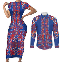 Blue Russian National Costume Couples Matching Short Sleeve Bodycon Dress and Long Sleeve Button Shirt Rooster Motifs Traditional Folk Pattern - Wonder Print Shop
