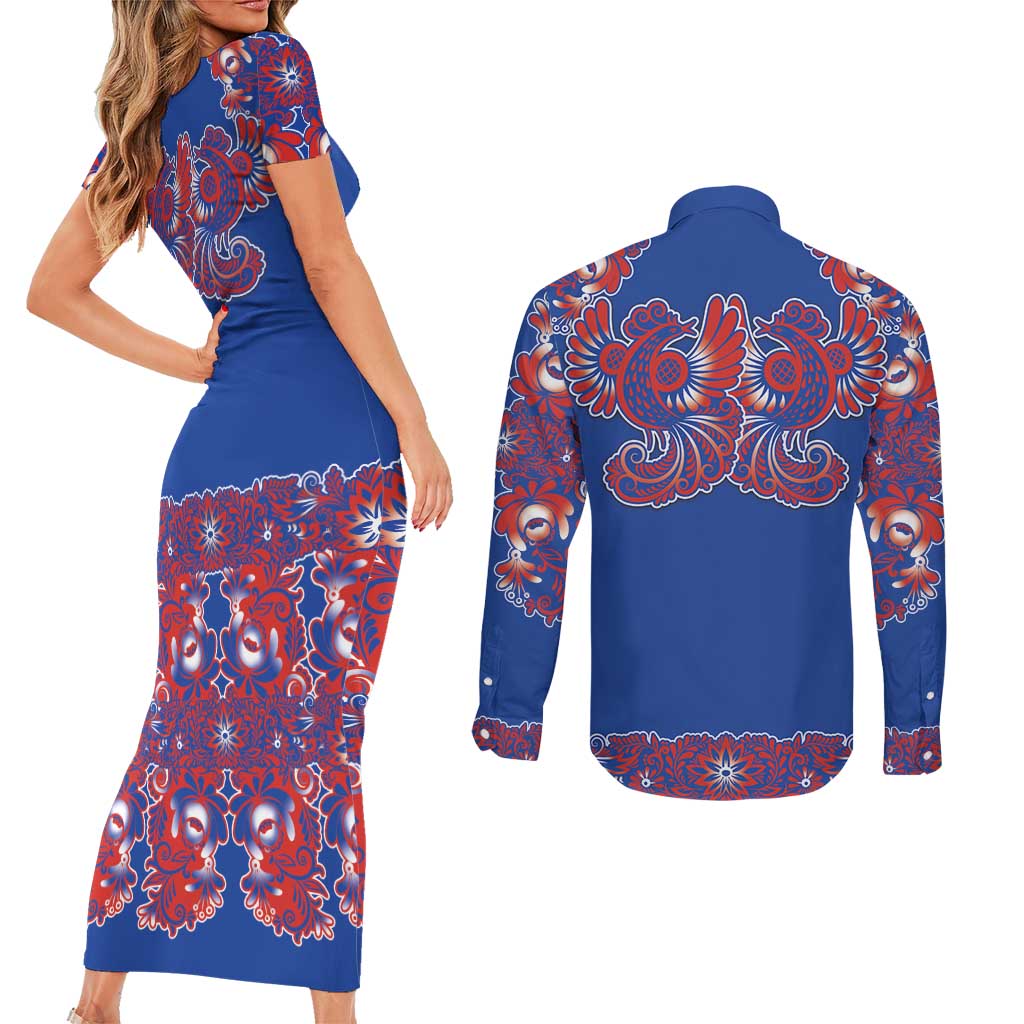 Blue Russian National Costume Couples Matching Short Sleeve Bodycon Dress and Long Sleeve Button Shirt Rooster Motifs Traditional Folk Pattern - Wonder Print Shop