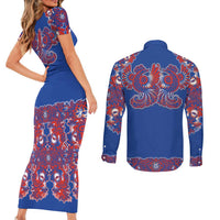Blue Russian National Costume Couples Matching Short Sleeve Bodycon Dress and Long Sleeve Button Shirt Rooster Motifs Traditional Folk Pattern - Wonder Print Shop