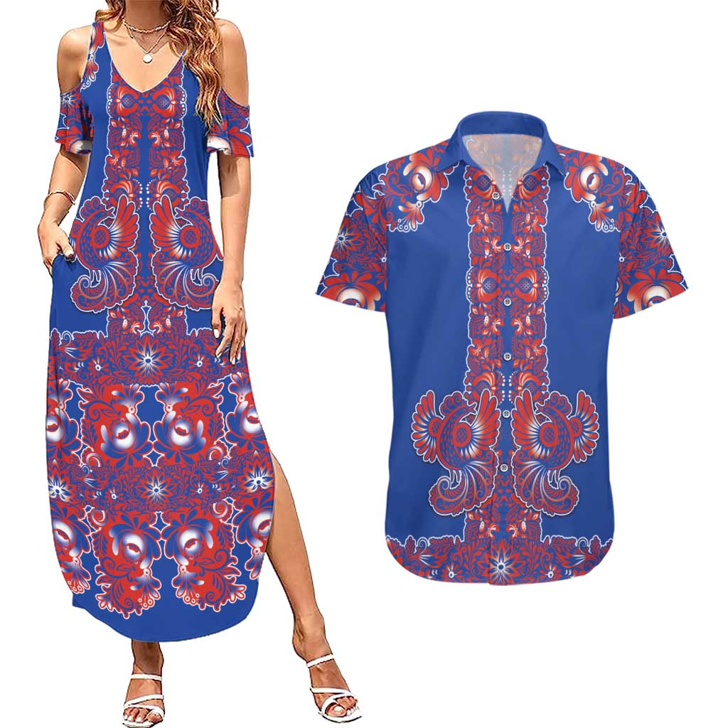 Blue Russian National Costume Couples Matching Summer Maxi Dress and Hawaiian Shirt Rooster Motifs Traditional Folk Pattern - Wonder Print Shop