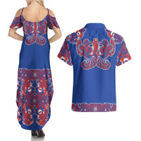 Blue Russian National Costume Couples Matching Summer Maxi Dress and Hawaiian Shirt Rooster Motifs Traditional Folk Pattern - Wonder Print Shop