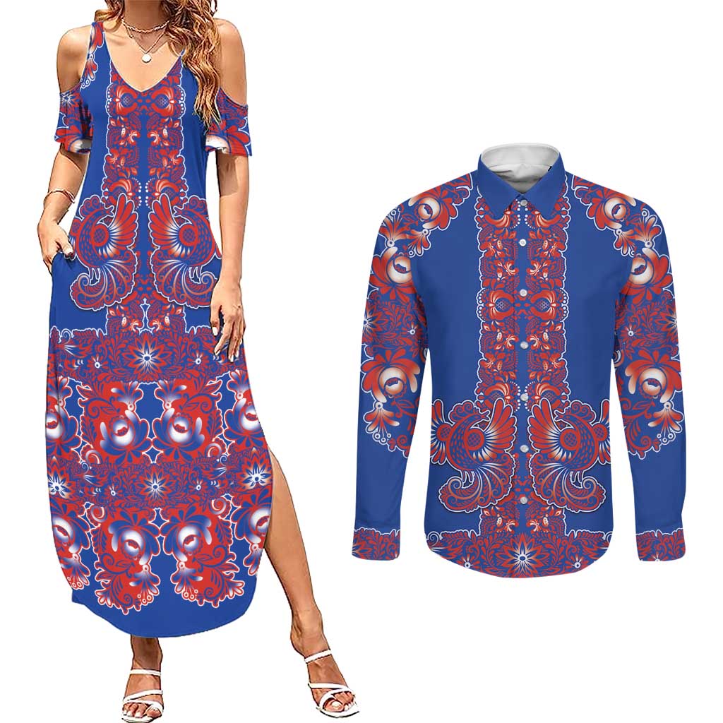 Blue Russian National Costume Couples Matching Summer Maxi Dress and Long Sleeve Button Shirt Rooster Motifs Traditional Folk Pattern - Wonder Print Shop