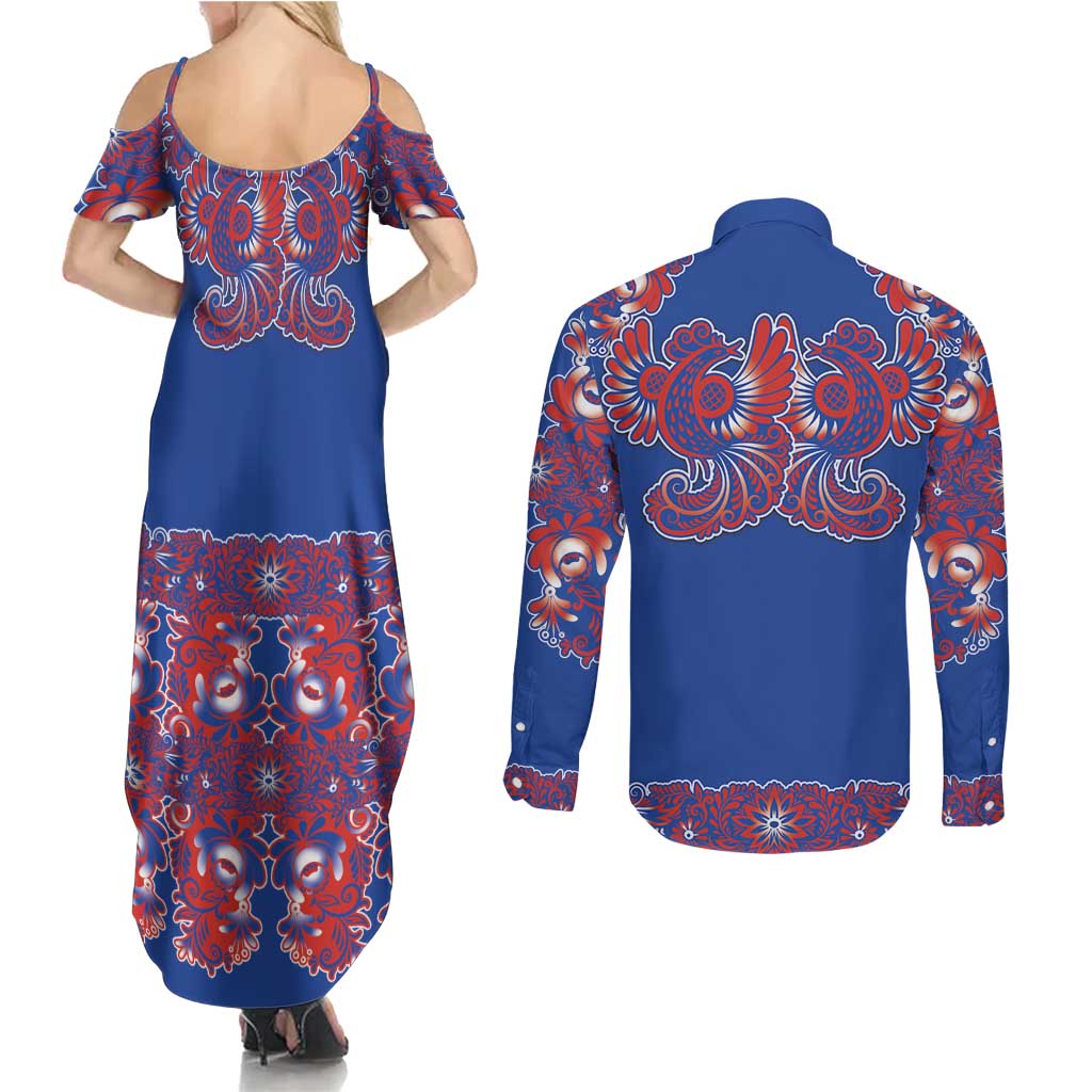 Blue Russian National Costume Couples Matching Summer Maxi Dress and Long Sleeve Button Shirt Rooster Motifs Traditional Folk Pattern - Wonder Print Shop