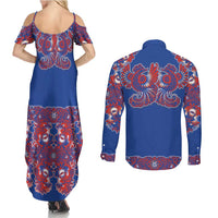 Blue Russian National Costume Couples Matching Summer Maxi Dress and Long Sleeve Button Shirt Rooster Motifs Traditional Folk Pattern - Wonder Print Shop