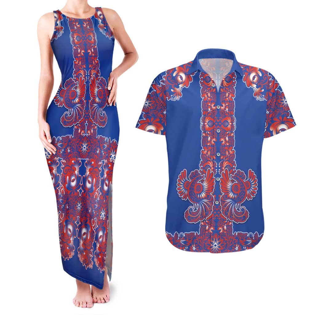 Blue Russian National Costume Couples Matching Tank Maxi Dress and Hawaiian Shirt Rooster Motifs Traditional Folk Pattern - Wonder Print Shop