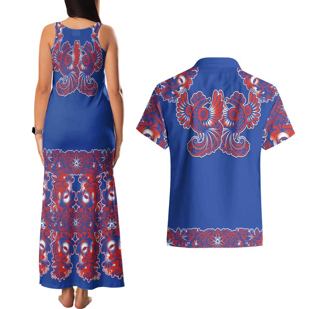 Blue Russian National Costume Couples Matching Tank Maxi Dress and Hawaiian Shirt Rooster Motifs Traditional Folk Pattern - Wonder Print Shop