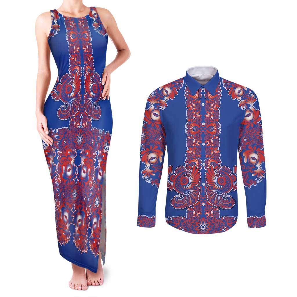 Blue Russian National Costume Couples Matching Tank Maxi Dress and Long Sleeve Button Shirt Rooster Motifs Traditional Folk Pattern - Wonder Print Shop