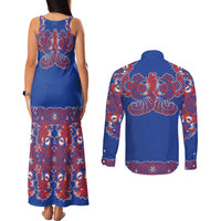 Blue Russian National Costume Couples Matching Tank Maxi Dress and Long Sleeve Button Shirt Rooster Motifs Traditional Folk Pattern - Wonder Print Shop