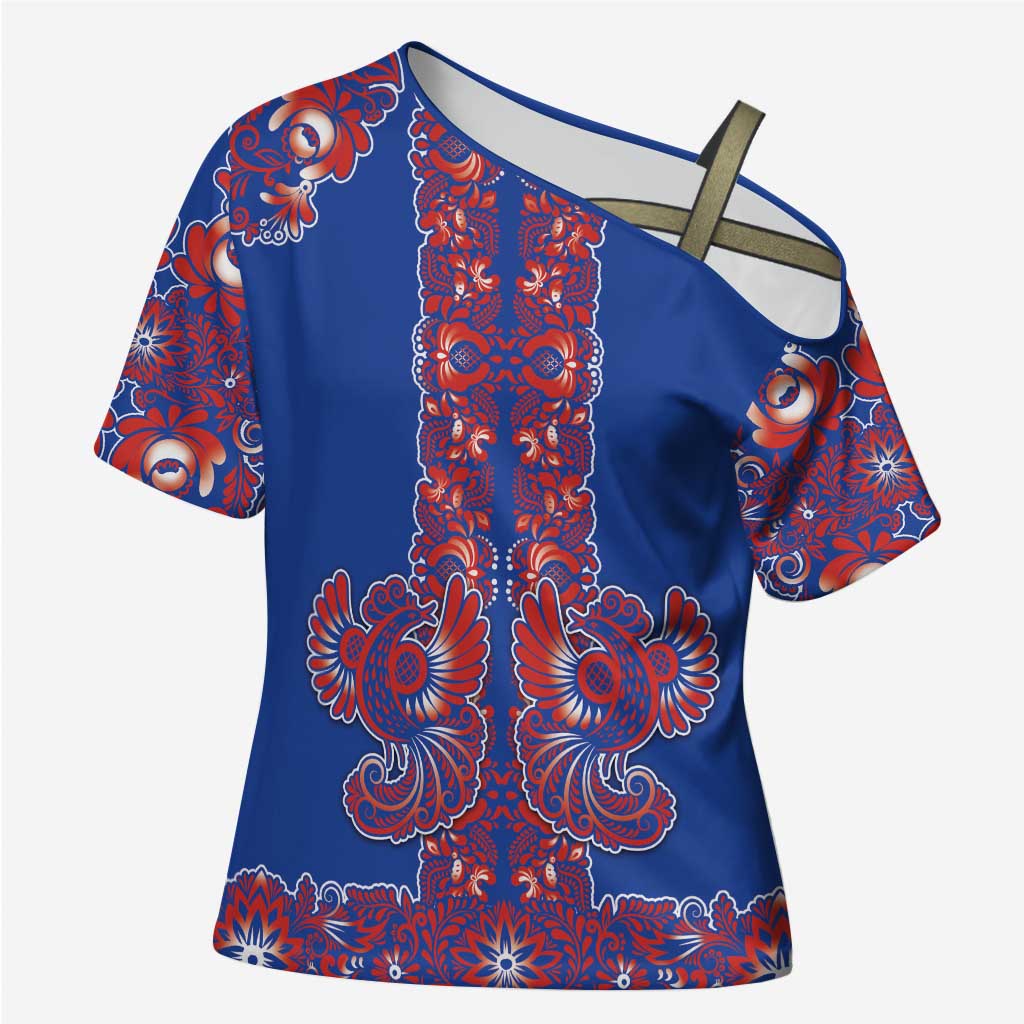 Blue Russian National Costume Cross Shoulder Shirt Rooster Motifs Traditional Folk Pattern - Wonder Print Shop