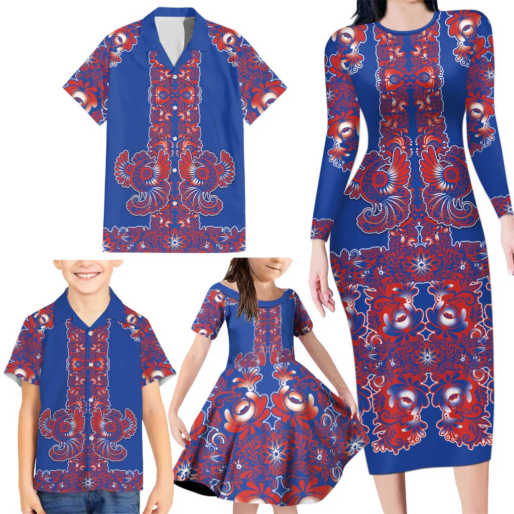 Blue Russian National Costume Family Matching Long Sleeve Bodycon Dress and Hawaiian Shirt Rooster Motifs Traditional Folk Pattern - Wonder Print Shop