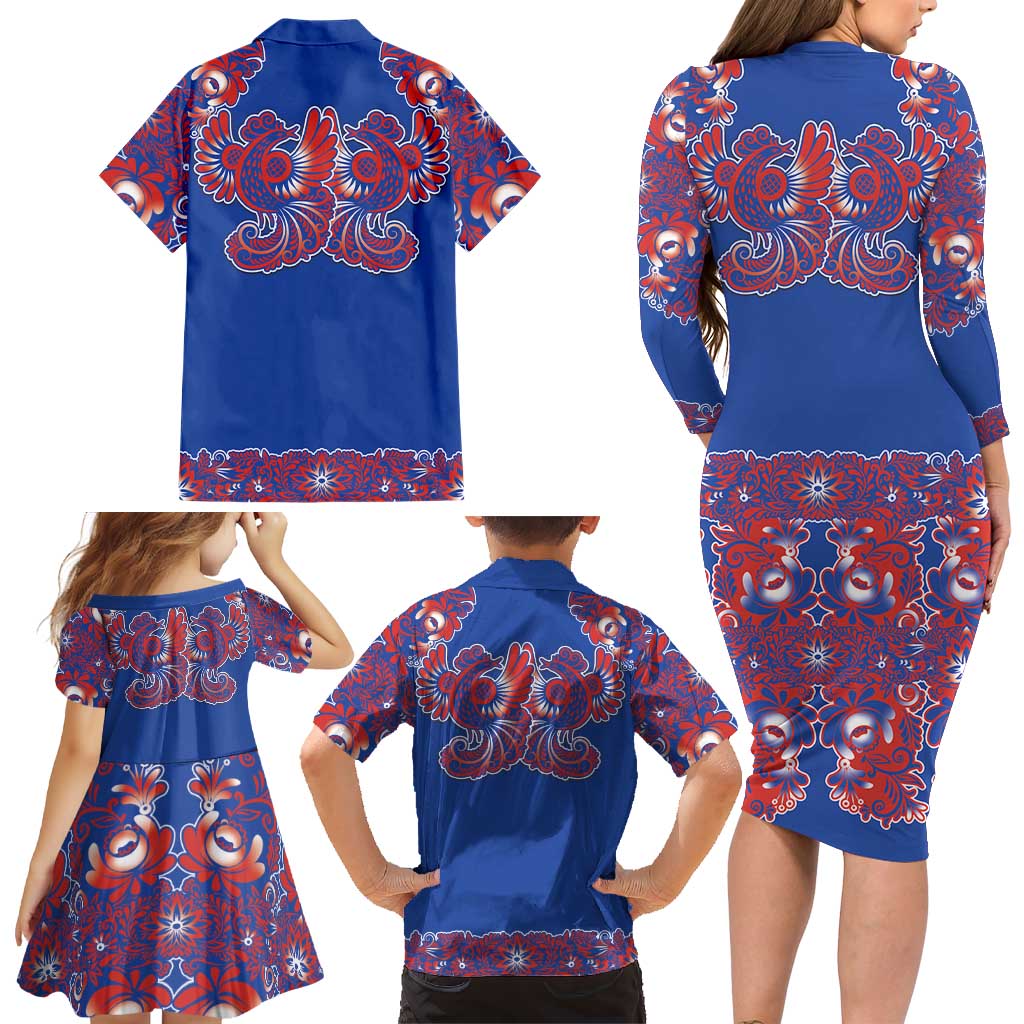 Blue Russian National Costume Family Matching Long Sleeve Bodycon Dress and Hawaiian Shirt Rooster Motifs Traditional Folk Pattern - Wonder Print Shop
