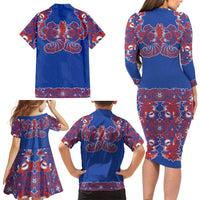 Blue Russian National Costume Family Matching Long Sleeve Bodycon Dress and Hawaiian Shirt Rooster Motifs Traditional Folk Pattern - Wonder Print Shop