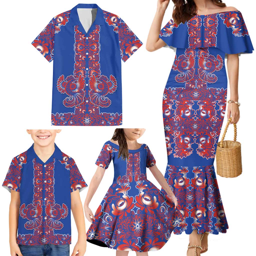 Blue Russian National Costume Family Matching Mermaid Dress and Hawaiian Shirt Rooster Motifs Traditional Folk Pattern - Wonder Print Shop