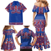 Blue Russian National Costume Family Matching Mermaid Dress and Hawaiian Shirt Rooster Motifs Traditional Folk Pattern - Wonder Print Shop