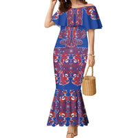 Blue Russian National Costume Family Matching Mermaid Dress and Hawaiian Shirt Rooster Motifs Traditional Folk Pattern - Wonder Print Shop