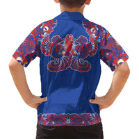 Blue Russian National Costume Family Matching Off The Shoulder Long Sleeve Dress and Hawaiian Shirt Rooster Motifs Traditional Folk Pattern - Wonder Print Shop