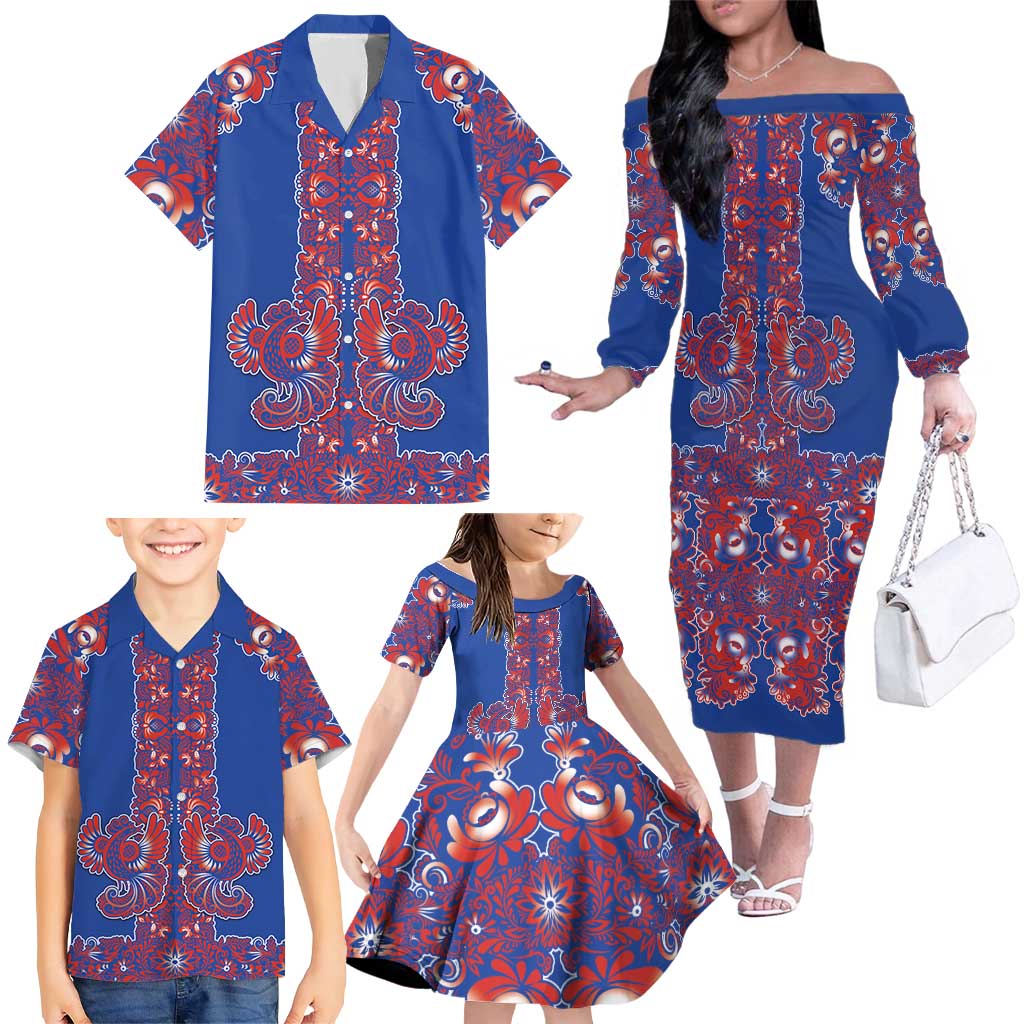 Blue Russian National Costume Family Matching Off The Shoulder Long Sleeve Dress and Hawaiian Shirt Rooster Motifs Traditional Folk Pattern - Wonder Print Shop