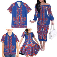 Blue Russian National Costume Family Matching Off The Shoulder Long Sleeve Dress and Hawaiian Shirt Rooster Motifs Traditional Folk Pattern - Wonder Print Shop