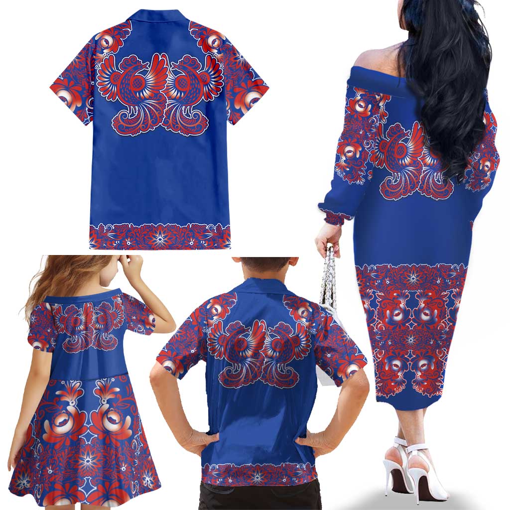 Blue Russian National Costume Family Matching Off The Shoulder Long Sleeve Dress and Hawaiian Shirt Rooster Motifs Traditional Folk Pattern - Wonder Print Shop