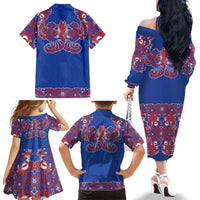 Blue Russian National Costume Family Matching Off The Shoulder Long Sleeve Dress and Hawaiian Shirt Rooster Motifs Traditional Folk Pattern - Wonder Print Shop