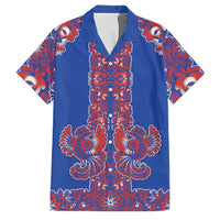 Blue Russian National Costume Family Matching Off The Shoulder Long Sleeve Dress and Hawaiian Shirt Rooster Motifs Traditional Folk Pattern - Wonder Print Shop