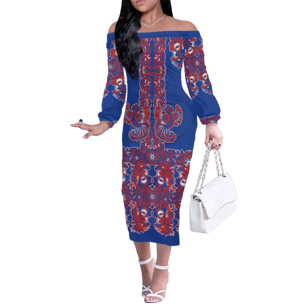 Blue Russian National Costume Family Matching Off The Shoulder Long Sleeve Dress and Hawaiian Shirt Rooster Motifs Traditional Folk Pattern - Wonder Print Shop