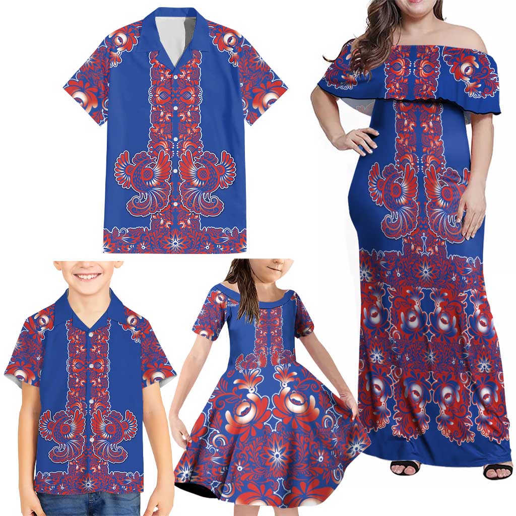 Blue Russian National Costume Family Matching Off Shoulder Maxi Dress and Hawaiian Shirt Rooster Motifs Traditional Folk Pattern - Wonder Print Shop