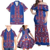 Blue Russian National Costume Family Matching Off Shoulder Maxi Dress and Hawaiian Shirt Rooster Motifs Traditional Folk Pattern - Wonder Print Shop