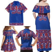Blue Russian National Costume Family Matching Off Shoulder Maxi Dress and Hawaiian Shirt Rooster Motifs Traditional Folk Pattern - Wonder Print Shop