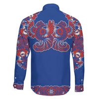 Blue Russian National Costume Family Matching Off Shoulder Maxi Dress and Hawaiian Shirt Rooster Motifs Traditional Folk Pattern - Wonder Print Shop