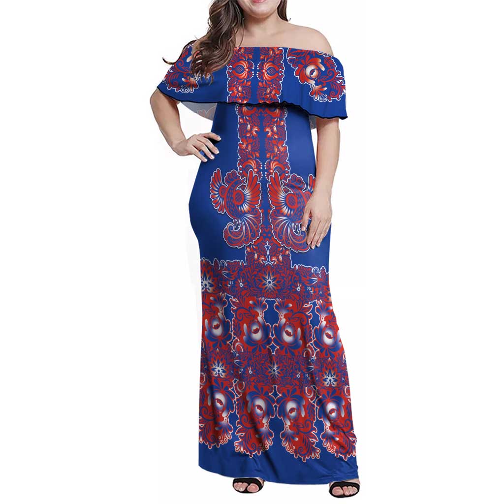 Blue Russian National Costume Family Matching Off Shoulder Maxi Dress and Hawaiian Shirt Rooster Motifs Traditional Folk Pattern - Wonder Print Shop