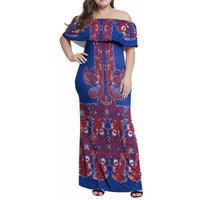 Blue Russian National Costume Family Matching Off Shoulder Maxi Dress and Hawaiian Shirt Rooster Motifs Traditional Folk Pattern - Wonder Print Shop