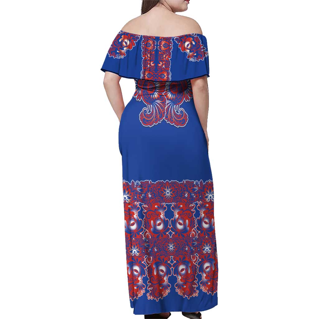 Blue Russian National Costume Family Matching Off Shoulder Maxi Dress and Hawaiian Shirt Rooster Motifs Traditional Folk Pattern - Wonder Print Shop