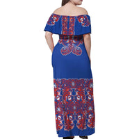 Blue Russian National Costume Family Matching Off Shoulder Maxi Dress and Hawaiian Shirt Rooster Motifs Traditional Folk Pattern - Wonder Print Shop