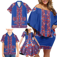 Blue Russian National Costume Family Matching Off Shoulder Short Dress and Hawaiian Shirt Rooster Motifs Traditional Folk Pattern - Wonder Print Shop