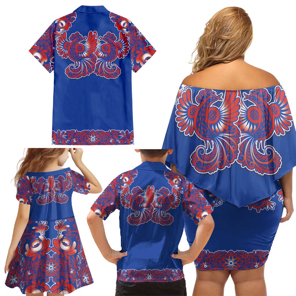 Blue Russian National Costume Family Matching Off Shoulder Short Dress and Hawaiian Shirt Rooster Motifs Traditional Folk Pattern - Wonder Print Shop