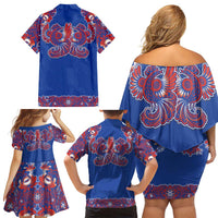 Blue Russian National Costume Family Matching Off Shoulder Short Dress and Hawaiian Shirt Rooster Motifs Traditional Folk Pattern - Wonder Print Shop
