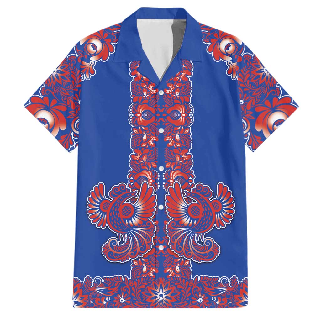 Blue Russian National Costume Family Matching Off Shoulder Short Dress and Hawaiian Shirt Rooster Motifs Traditional Folk Pattern - Wonder Print Shop