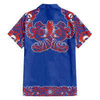 Blue Russian National Costume Family Matching Off Shoulder Short Dress and Hawaiian Shirt Rooster Motifs Traditional Folk Pattern - Wonder Print Shop