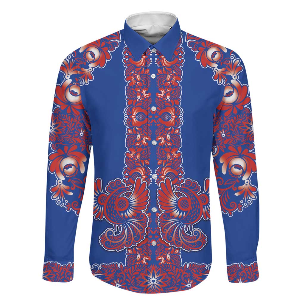 Blue Russian National Costume Family Matching Off Shoulder Short Dress and Hawaiian Shirt Rooster Motifs Traditional Folk Pattern - Wonder Print Shop