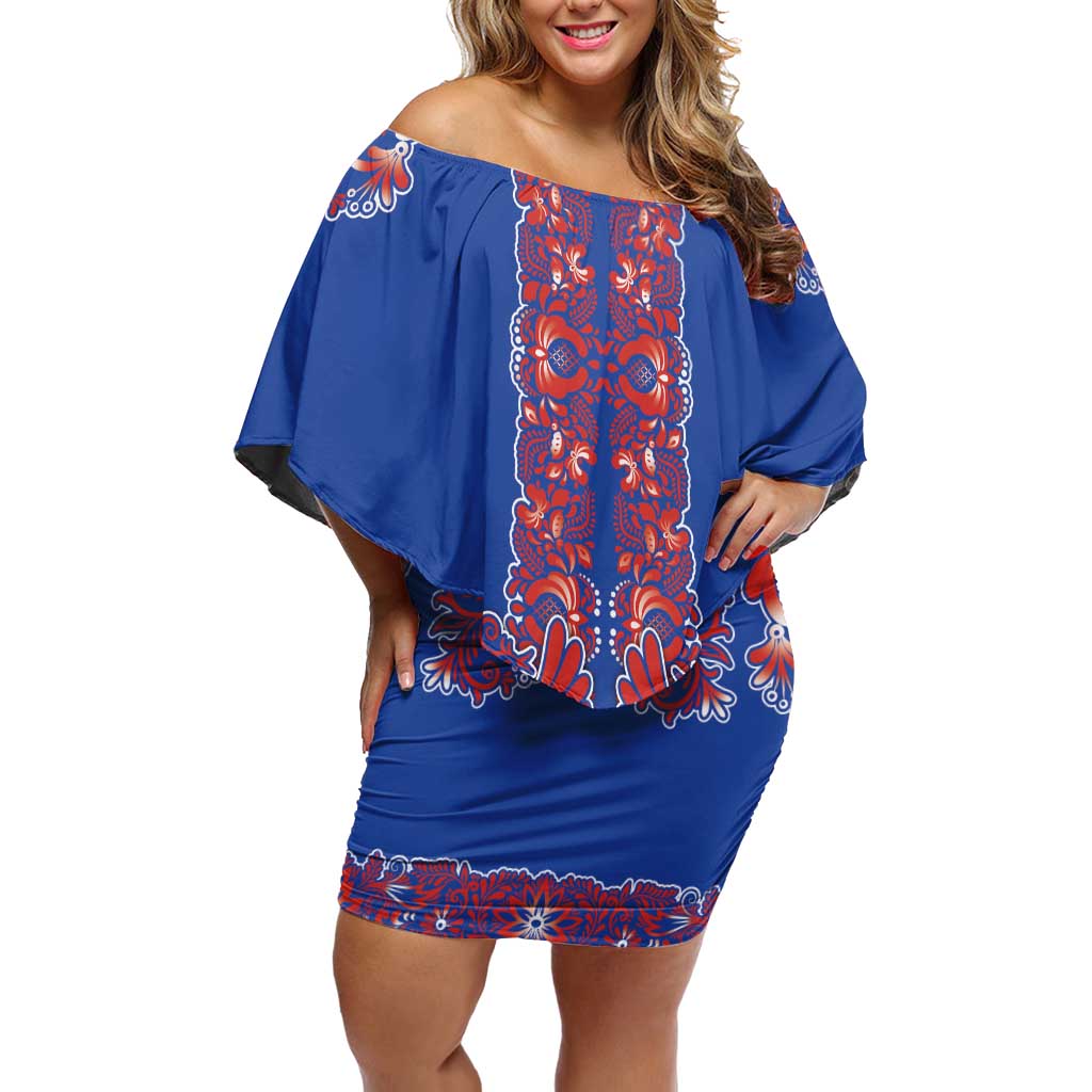 Blue Russian National Costume Family Matching Off Shoulder Short Dress and Hawaiian Shirt Rooster Motifs Traditional Folk Pattern - Wonder Print Shop