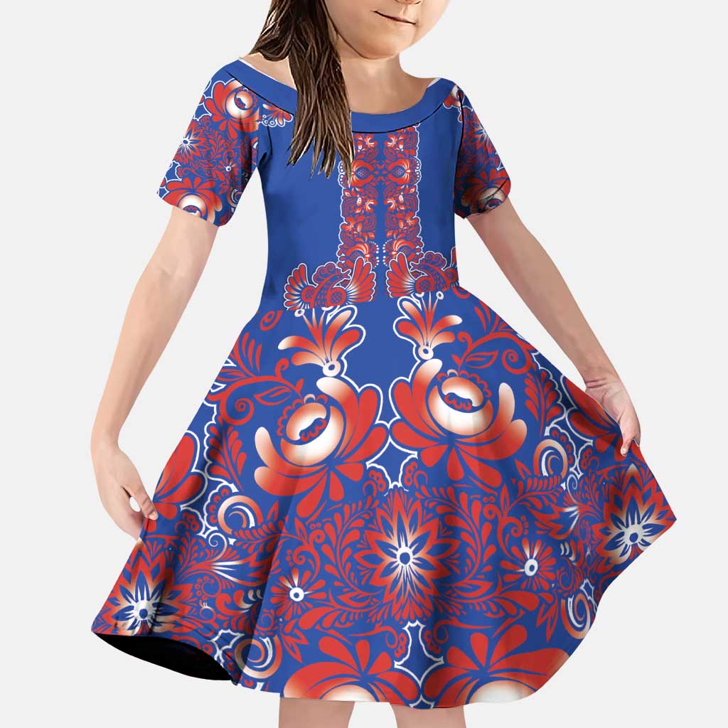 Blue Russian National Costume Family Matching Puletasi and Hawaiian Shirt Rooster Motifs Traditional Folk Pattern - Wonder Print Shop