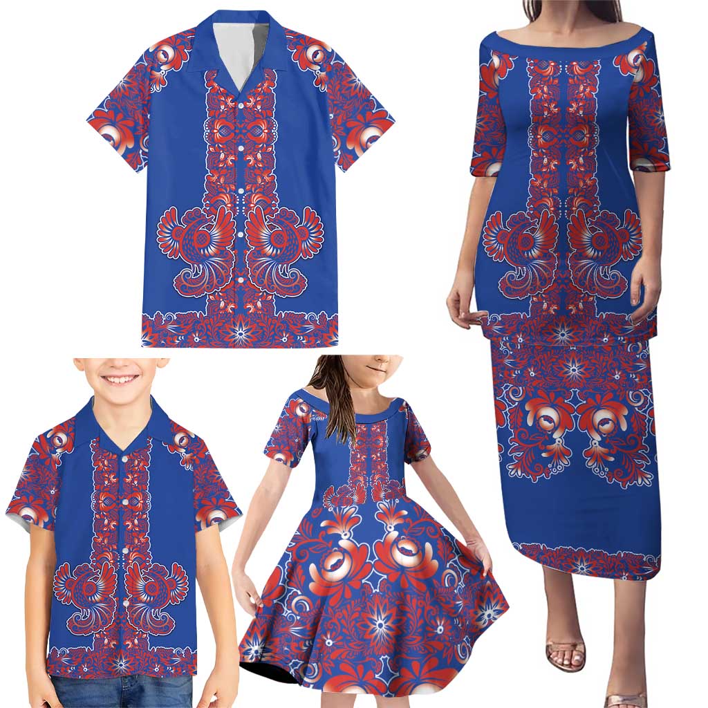 Blue Russian National Costume Family Matching Puletasi and Hawaiian Shirt Rooster Motifs Traditional Folk Pattern - Wonder Print Shop