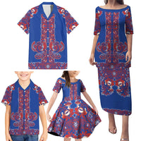 Blue Russian National Costume Family Matching Puletasi and Hawaiian Shirt Rooster Motifs Traditional Folk Pattern - Wonder Print Shop