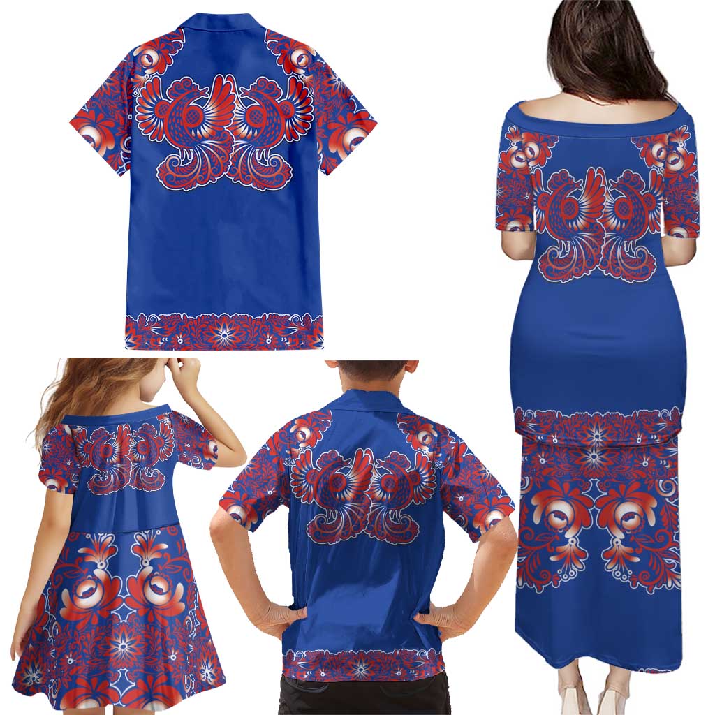 Blue Russian National Costume Family Matching Puletasi and Hawaiian Shirt Rooster Motifs Traditional Folk Pattern - Wonder Print Shop