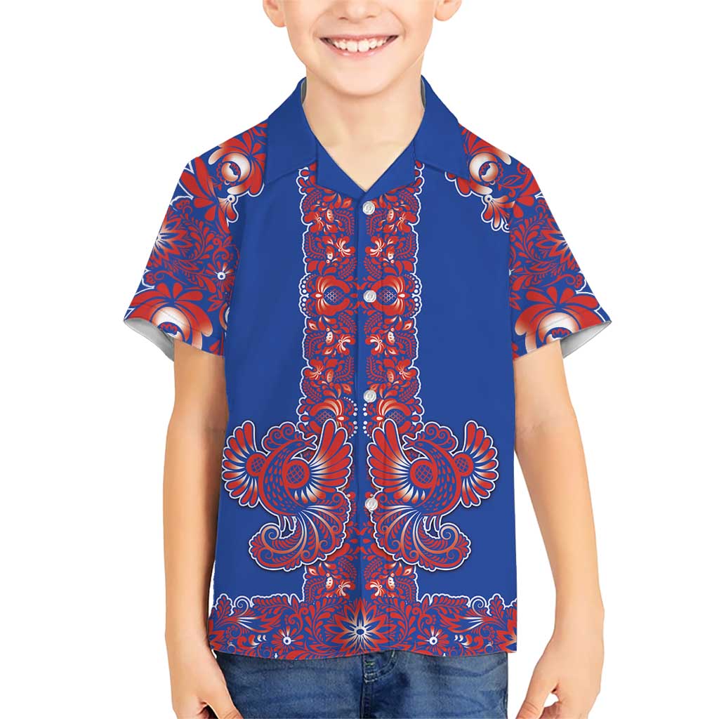 Blue Russian National Costume Family Matching Puletasi and Hawaiian Shirt Rooster Motifs Traditional Folk Pattern - Wonder Print Shop