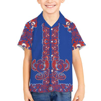 Blue Russian National Costume Family Matching Puletasi and Hawaiian Shirt Rooster Motifs Traditional Folk Pattern - Wonder Print Shop