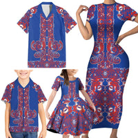Blue Russian National Costume Family Matching Short Sleeve Bodycon Dress and Hawaiian Shirt Rooster Motifs Traditional Folk Pattern - Wonder Print Shop