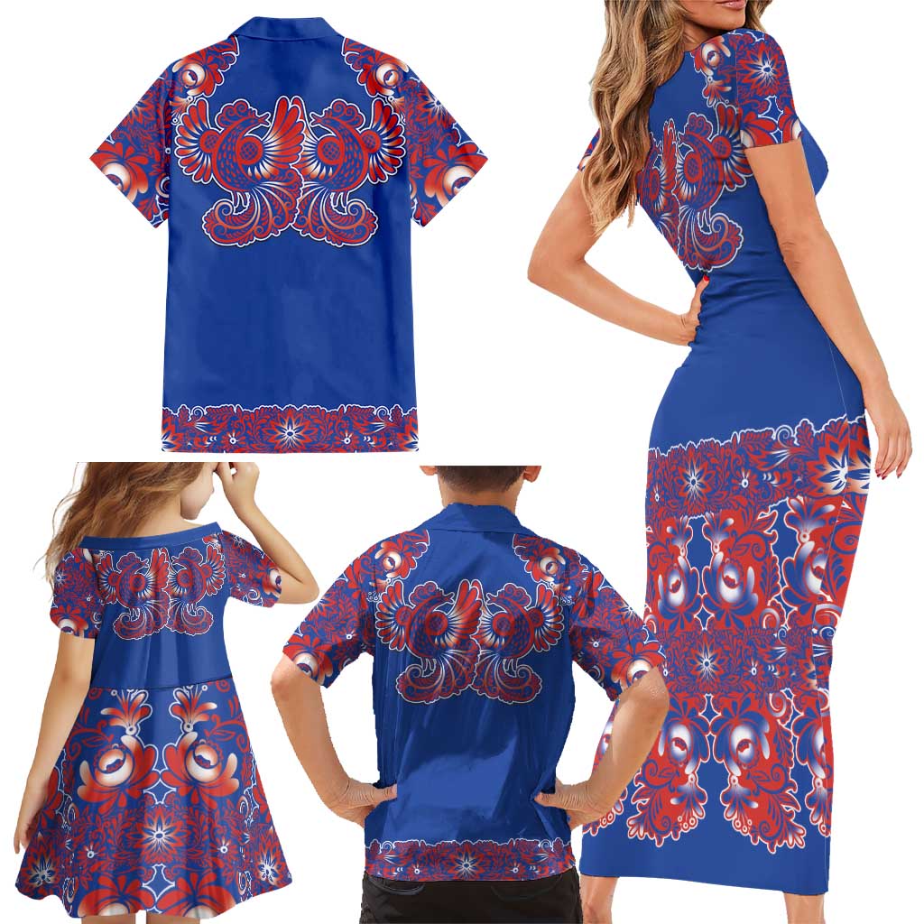Blue Russian National Costume Family Matching Short Sleeve Bodycon Dress and Hawaiian Shirt Rooster Motifs Traditional Folk Pattern - Wonder Print Shop